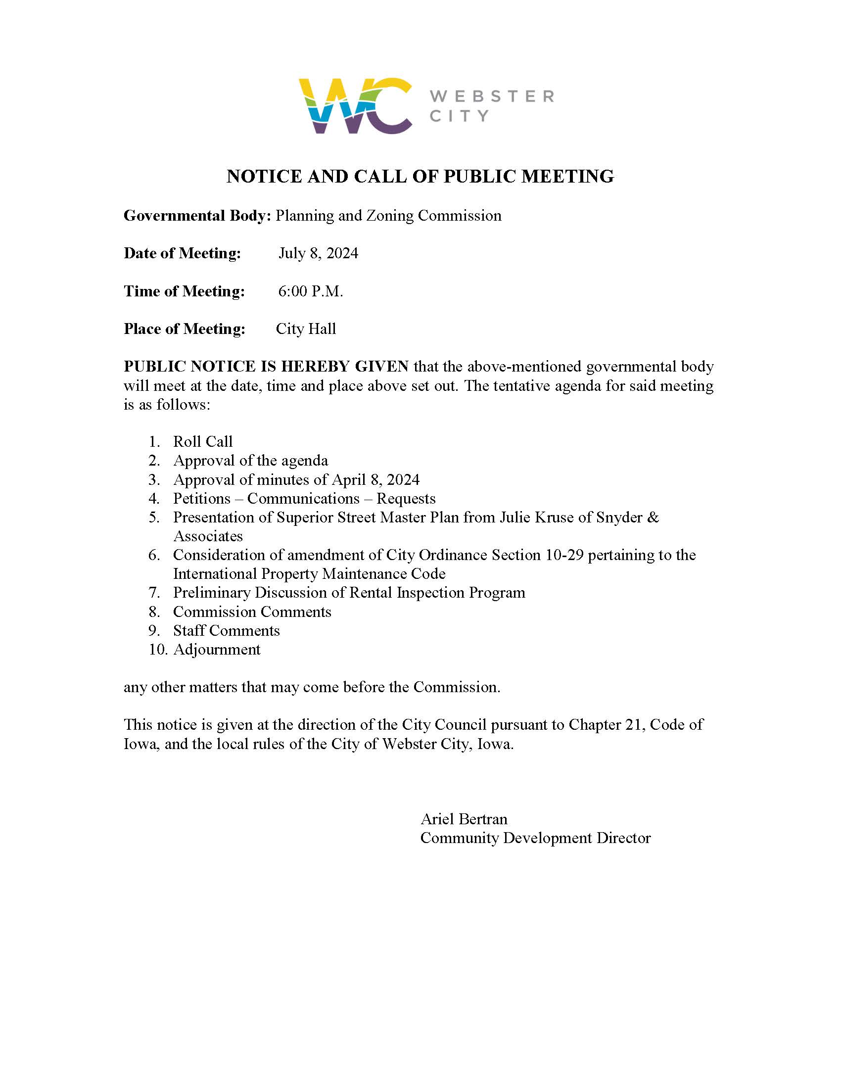Planning & Zoning Commission @ Webster City City Hall - Ann Smith Conference Room | Webster City | Iowa | United States